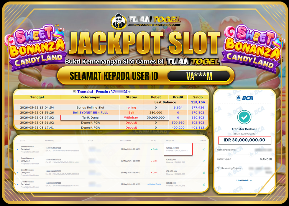 TUANTOGEL JACKPOT SLOT SWEET BONANZA CANDYLAND Rp30.000.000, - LUNAS 